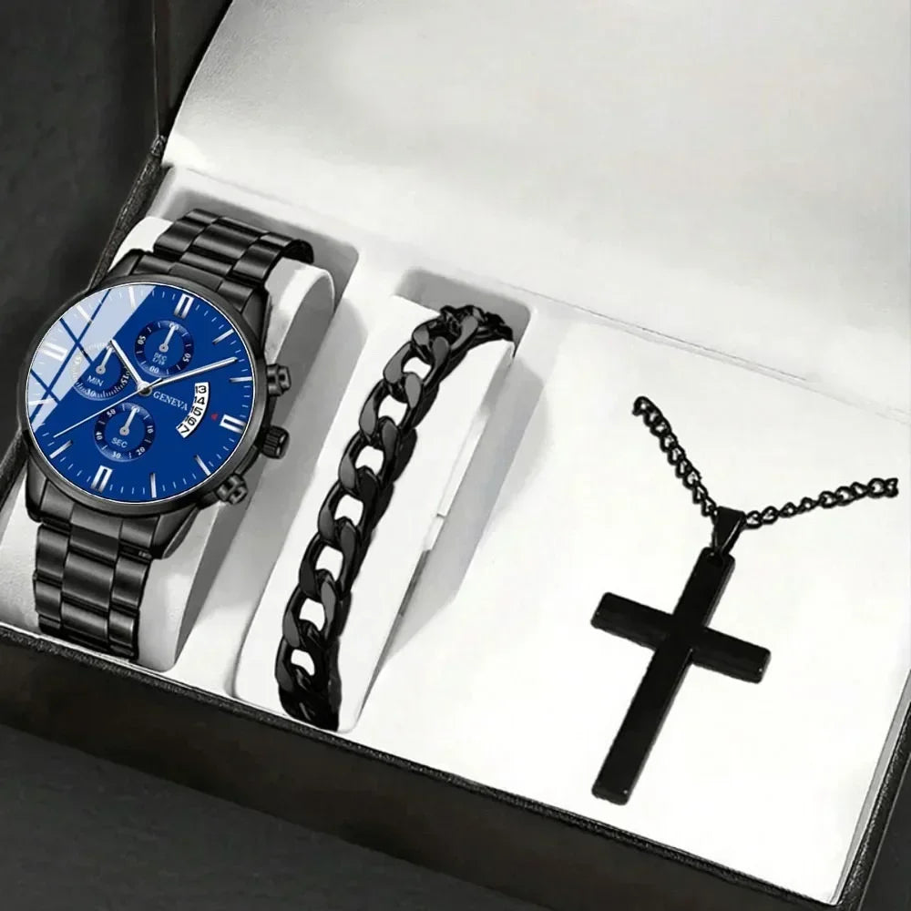 3pcs/set Fashion Business Men's Watch Calendar Alloy Male Watch Bracelet Necklace Jewelry Set Deal Choice for Gifts To Men