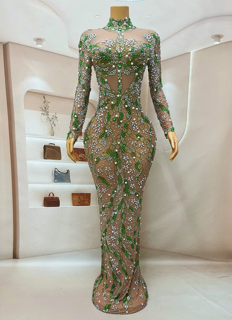 A stunning evening gown Long  Dress Birthday Celebrate Luxurious Costume Sparkly Big Rhinestone Dancer Flashing  party Dress
