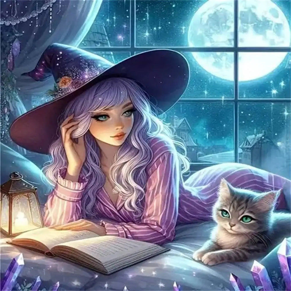 Huacan 5D Girl Cat Diamond Painting Halloween Book Window Moon Full Square Round Drill Diamond Mosaic Decorative Paintings