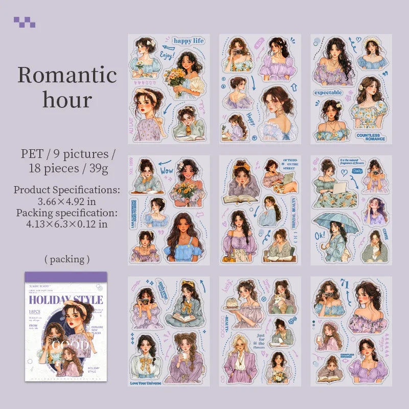 18Pcs PET Sticker Book Holiday Style Decorative Character pack Girls Bottom Daily Stationery Background Scrapbook cut 160*105mm