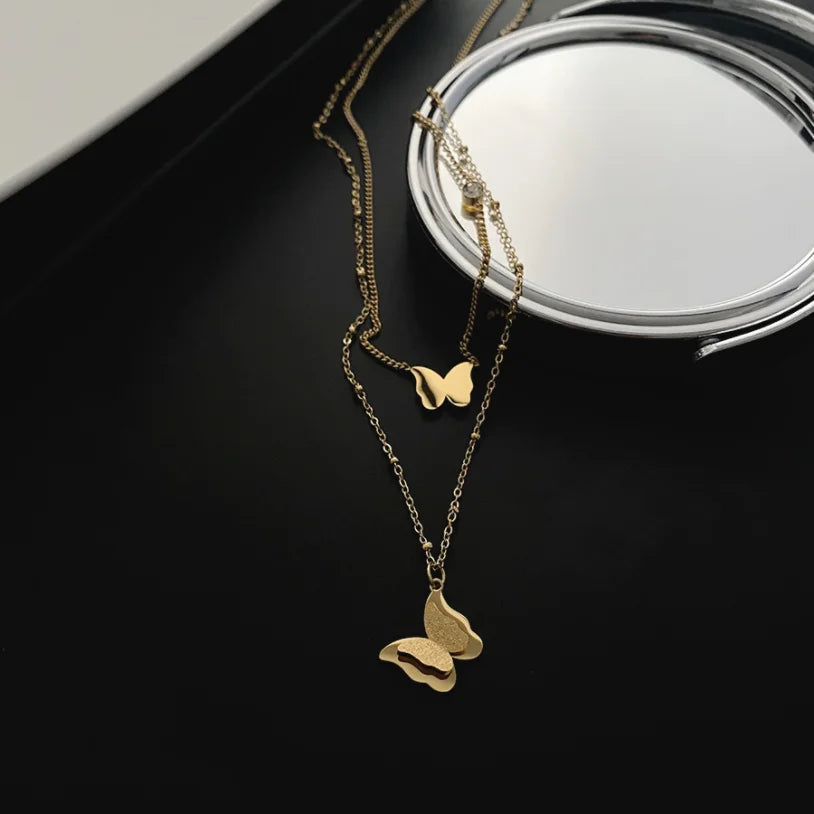 316L Stainless Steel New Fashion Upscale Jewelry 2 Layer Zircon Butterfly Charms Beaded Chain Choker Necklaces Pendant For Women