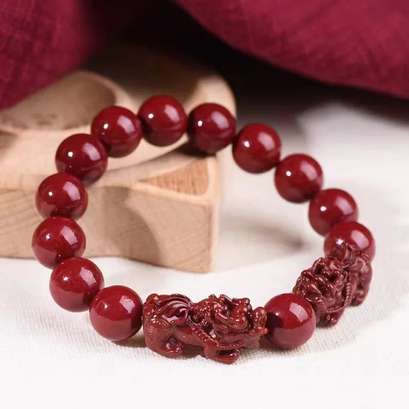 Lucky  Natural Stone Cinnabar Real Bead Pixiu Bracelets Women Men Wealth Protection Hand String Vintage Bangles Gift