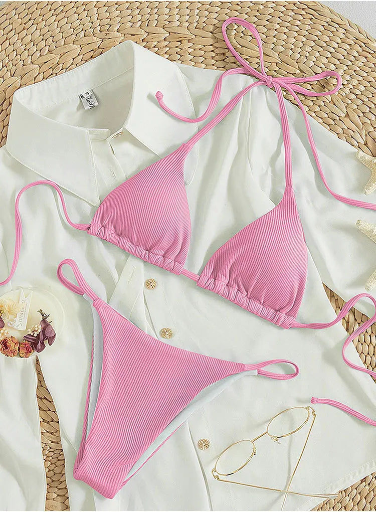 11 Colors Women Sexy Simple Solid Halter Bikini Swimsuit High Waisted Lace Up Beach Bathing Suit Special Pit Stripe Fabric 2024