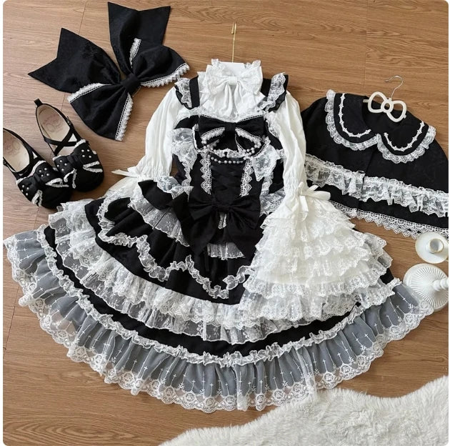 Super Fairy Lolita Dress Set New Spring and Autumn Sweet Girl Women's Flower Lace Bow Shirt Princess Jsk Suspender Dress
