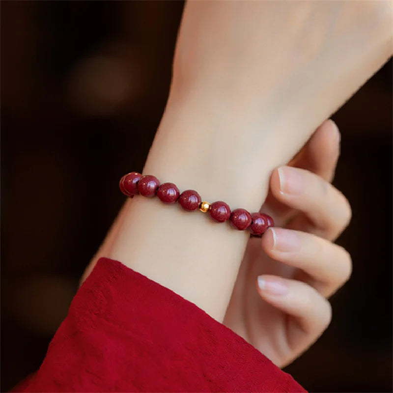 Lucky Imitation of Hotan Jade Cinnabar Red Gold Color Bead Natural Stone Beaded Bracelet for Women Bracelet Party Good Luck Gift