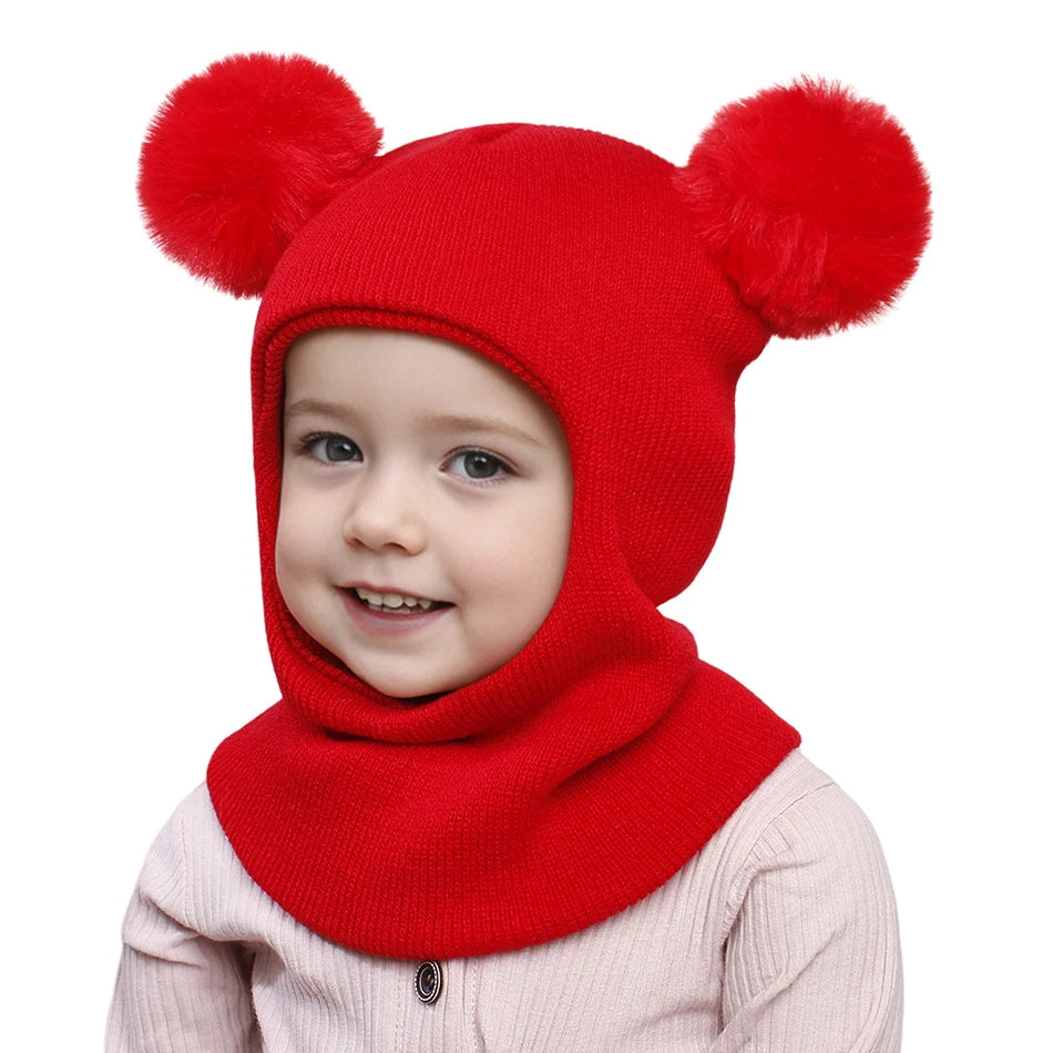 Kids Autumn Winter Pullover Hat Children's Double Ball Ear Protection One-piece Hats Baby Yarn Knit Cap Balaclava Christmas Gift