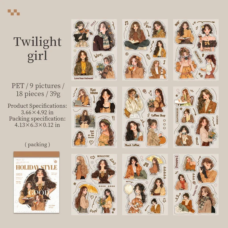 18Pcs PET Sticker Book Holiday Style Decorative Character pack Girls Bottom Daily Stationery Background Scrapbook cut 160*105mm