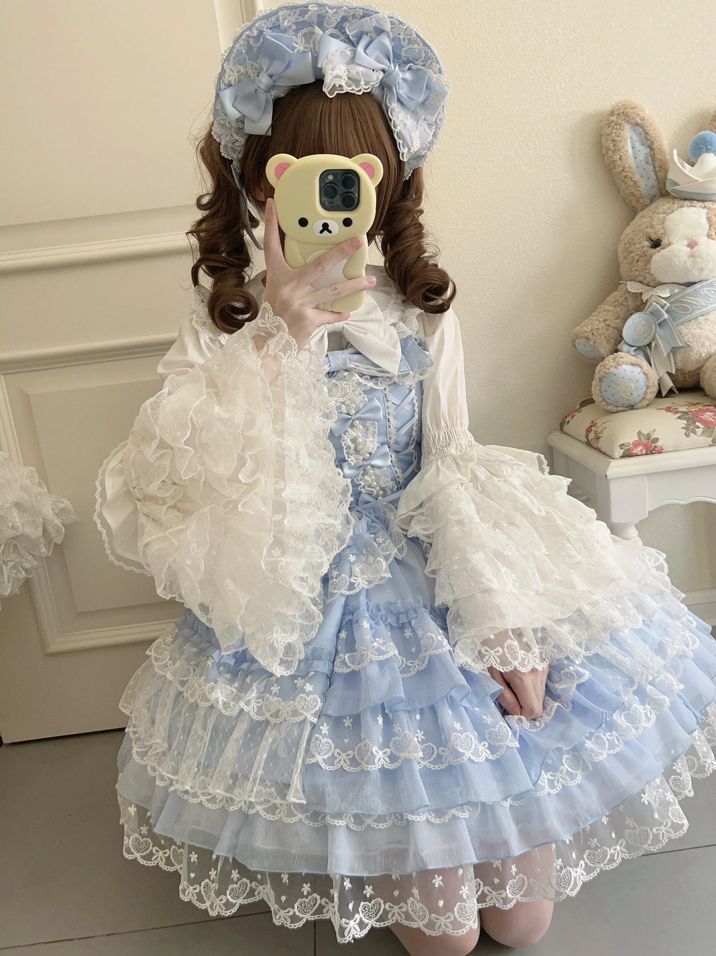 Original Design Lolita Jsk Suspender Dress Sweet Girl Women's Long Sleeve Inner Shirt Cute Princess Sling Cake Dress with Cape
