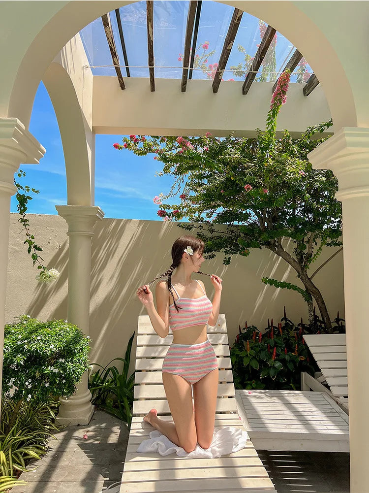 Sexy Stripe Bandeau Swimwear High Waist Bikini 2024 Women 3 Pack Swimsuits with Skirt Bathing Suit Korean Bikinis Set Beach Wear