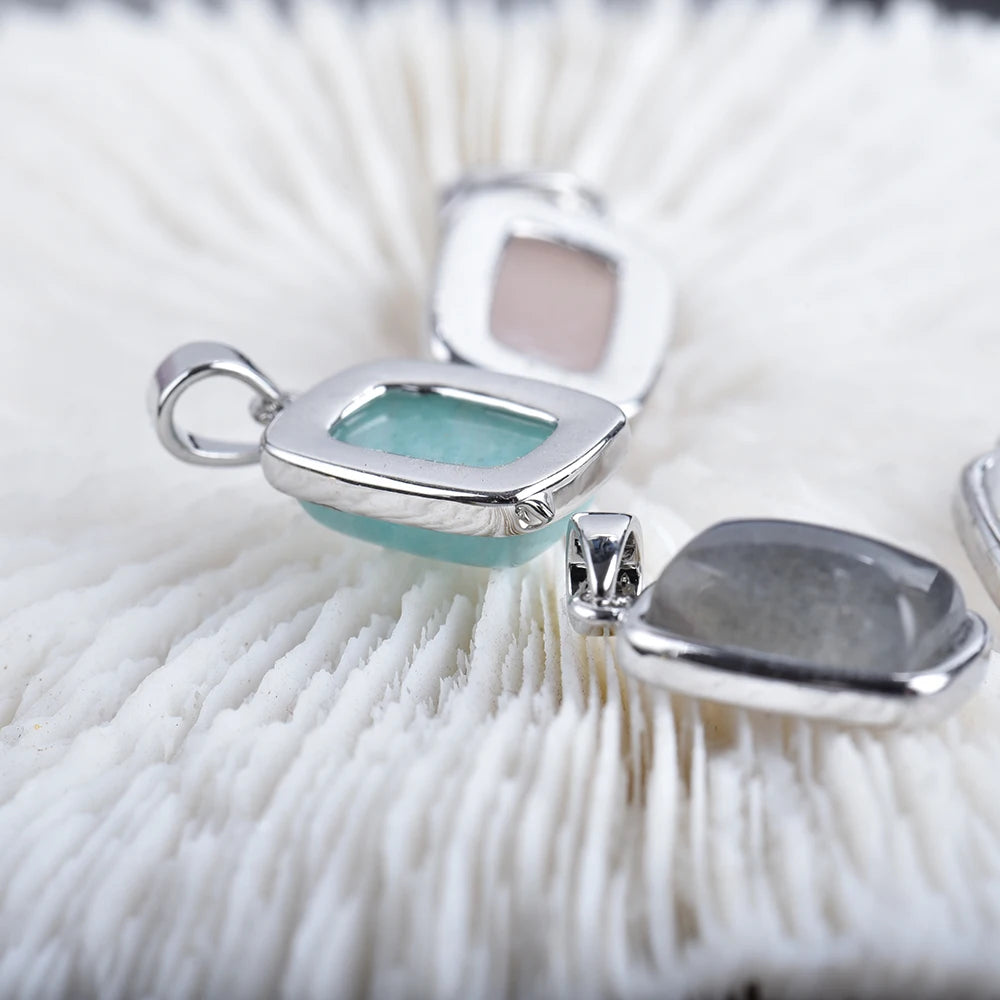 ITSMOS Natural Rainbow Moonstone Sterling Silver/Copper Pendant Necklace rectangle Energy Stone Jewelry for Women Girl Gift