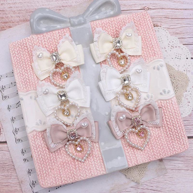 1 Pair Female Hair Clips Pearl Heart Side Clip Sweet Girl's Hairclips Lolita Hairpin Headdress Jiraikei Accessories