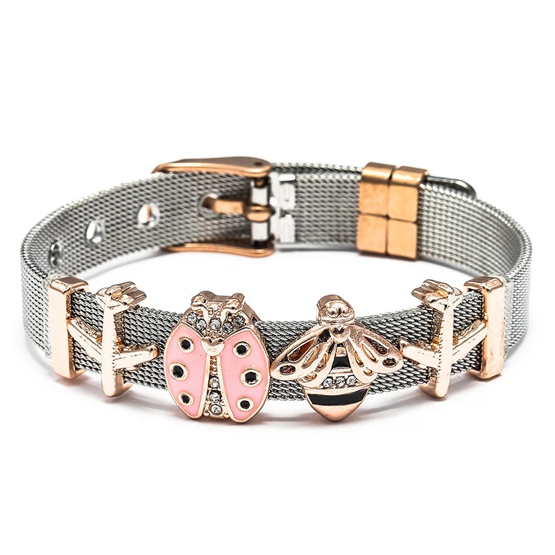 Silver Color Stainless Steel Mesh Bracelets For Women Crystal Santa Claus Beads Charm Watch Belt BraceletsBangles Christmas Gift