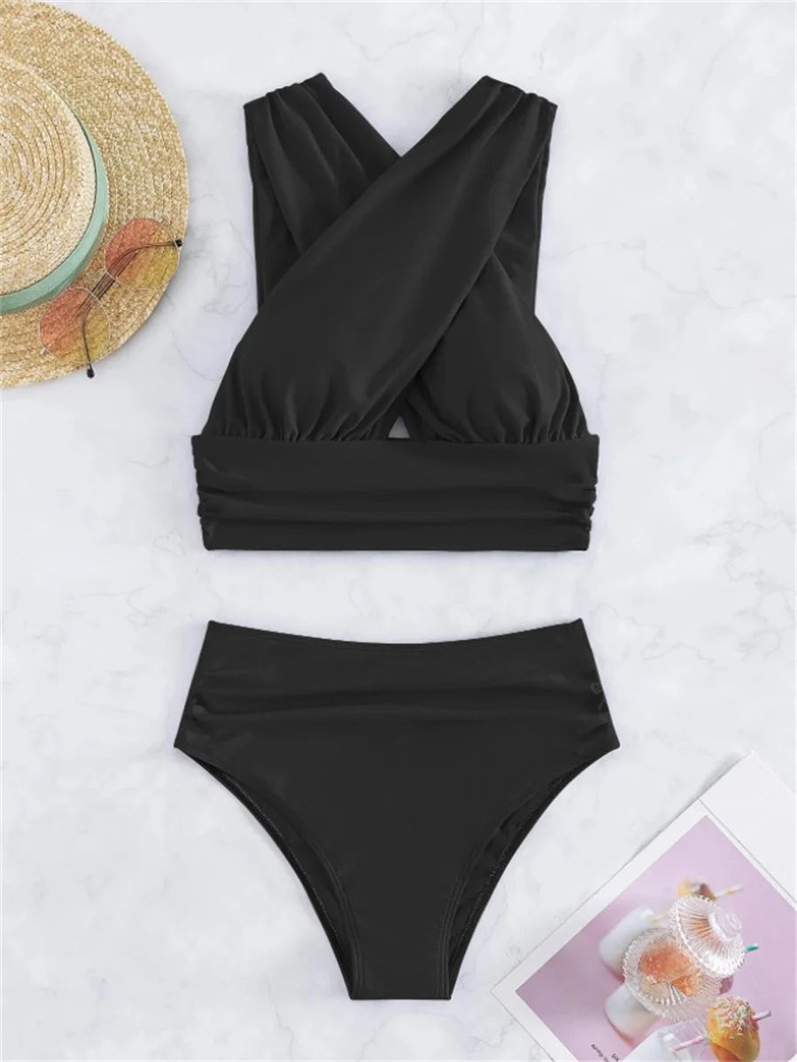 Sexy Black Blue Bikinis Sets Women Halter Cross Hollow Out Push Up High Waist Swimsuit 2025 Bathing Suit Two Piece Swimwear
