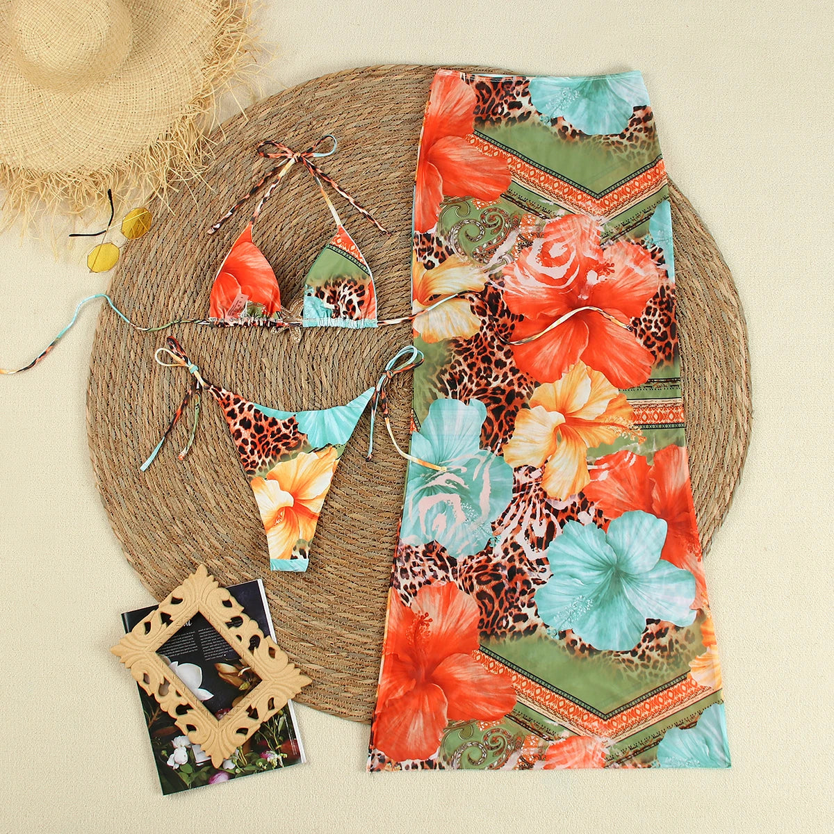 Sexy Print 3 Piece Micro Bikinis Women Swimsuit 2024 New Swimwear With Long Sleeve Bathing Suit Beachwear Biquini Female