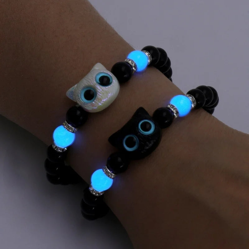 Luminous Matching Couples Bracelets Necklace for Women Men Cat Black White Cat Head Bangles Glow In The Dark Friendship Gift