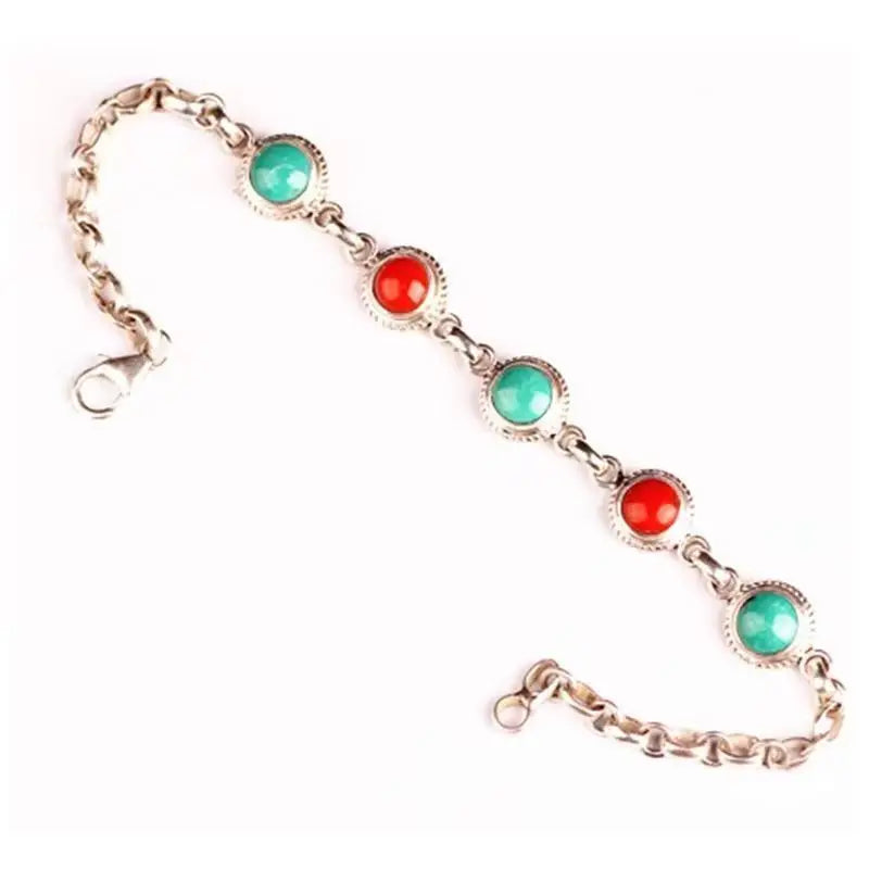 Creative retro ethnic style southern red tourmaline turquoise bangles silver 925 round bead charm bracelet for women jewelry