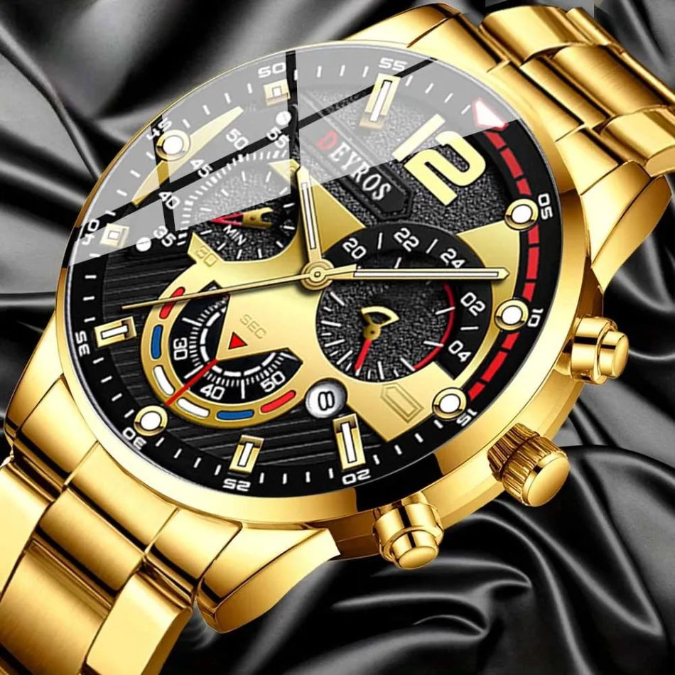 2Pcs Fashion Sporty Men's Watch Gloden Alloy Analog Watch Bracelet Quartz Wrist Watch Jewelry Set The Perfect Gift for Men