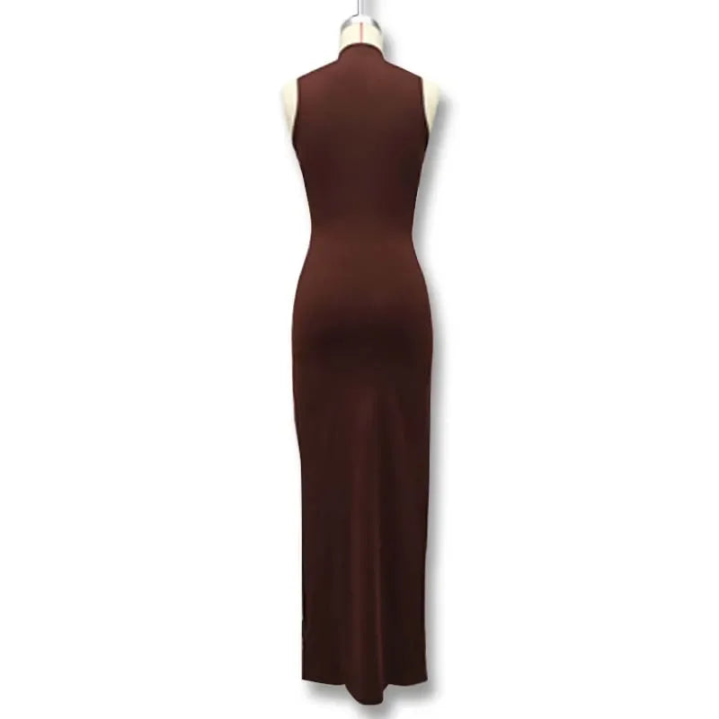 Slim Fit Wrap around Midriff Baring Sleeveless round Neck Dress for Women in Autumn And Winter Pure Color with Belt Detail
