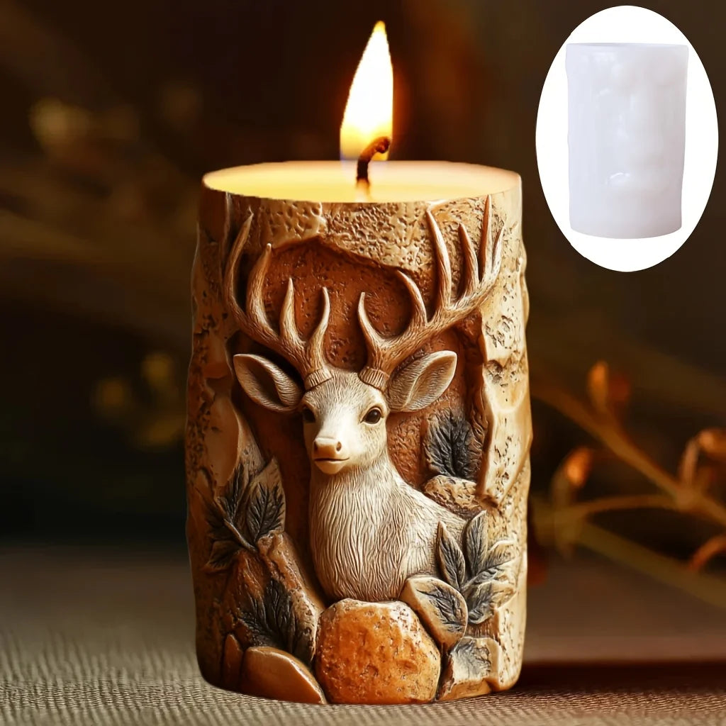DIY elk relief cylindrical candle silicone mold sika deer flower relief resin mould Forest sika deer gypsum molds Christmas gift
