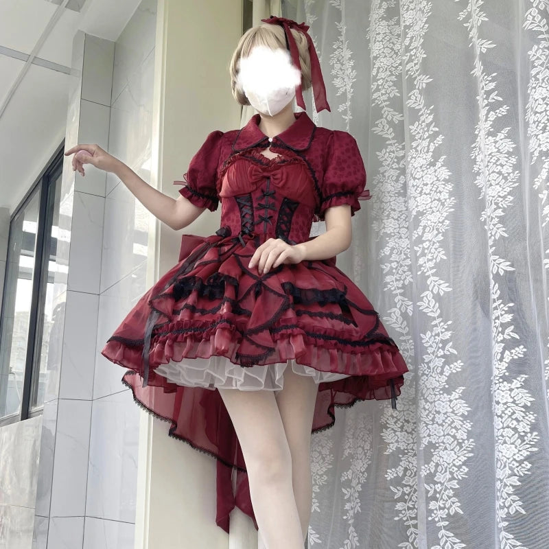 Lolita Sweet Girl Princess Dress Spring and Summer Off Shoulder Women's Short Sleeve Slim OP/JSK Short Ball Gown Dress
