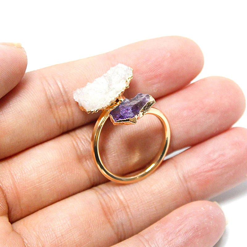 Irregular Druzy Stone Amethyst Open Ring Golden Handmade Crystal Cluster Finger Jewelry Adjustable Size