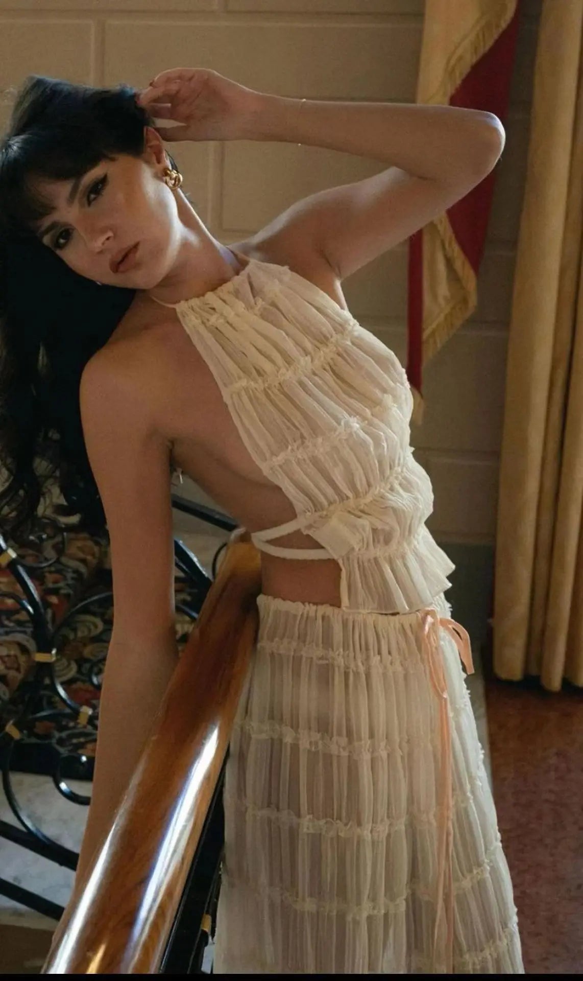 Solid Hang Neck Long Skirt Suit For Women Halter Backless Sling Top Lace Up Fold Maxi Skirt 2024 Hot Fashion Female 2 Piece Set