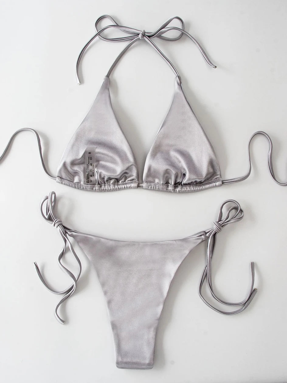 Metallic Halter Triangle Bikini 2023 Swimsuit Women Swimwear Female Bathing Suits Brazilian Thong Micro Bikinis Set Beach Wear