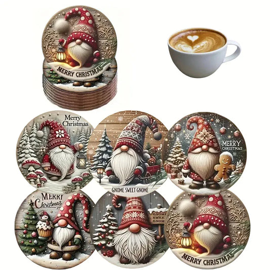 A 6-piece set of Christmas Gnom-themed color printed coasters is suitable for home dining table decoration as a Christmas gift