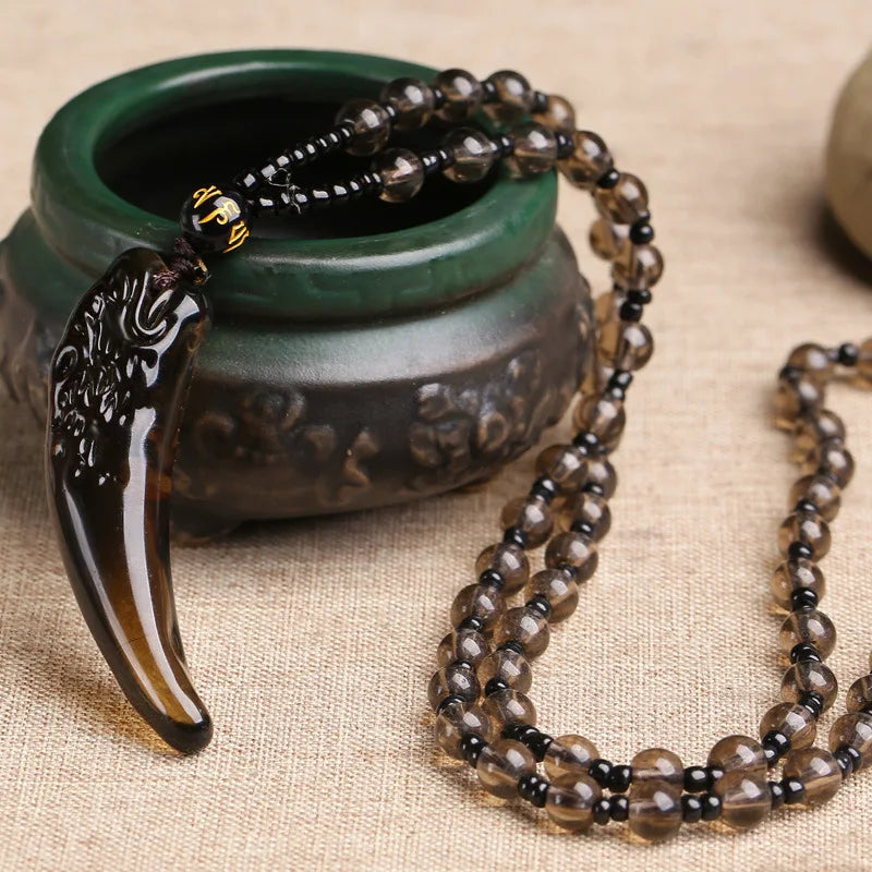 Retro Ice Obsidian Wolf Tooth Pendant for Men Couple Necklace Natural Energy Stone Crystal Amulet Sweater Chain Necklace Jewelry