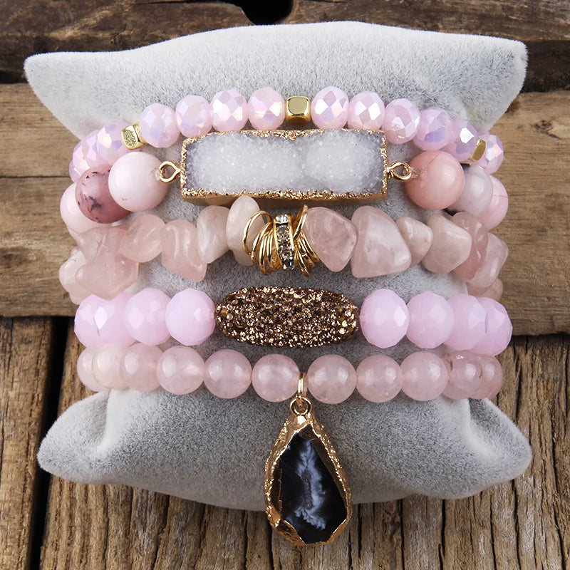 Fashion Designer Gemstone Crystal Glass Beaded Bracelet Sets Druzy Charm 5pc Stack Bracelet Bracelets Set For Women Jewelry Gift