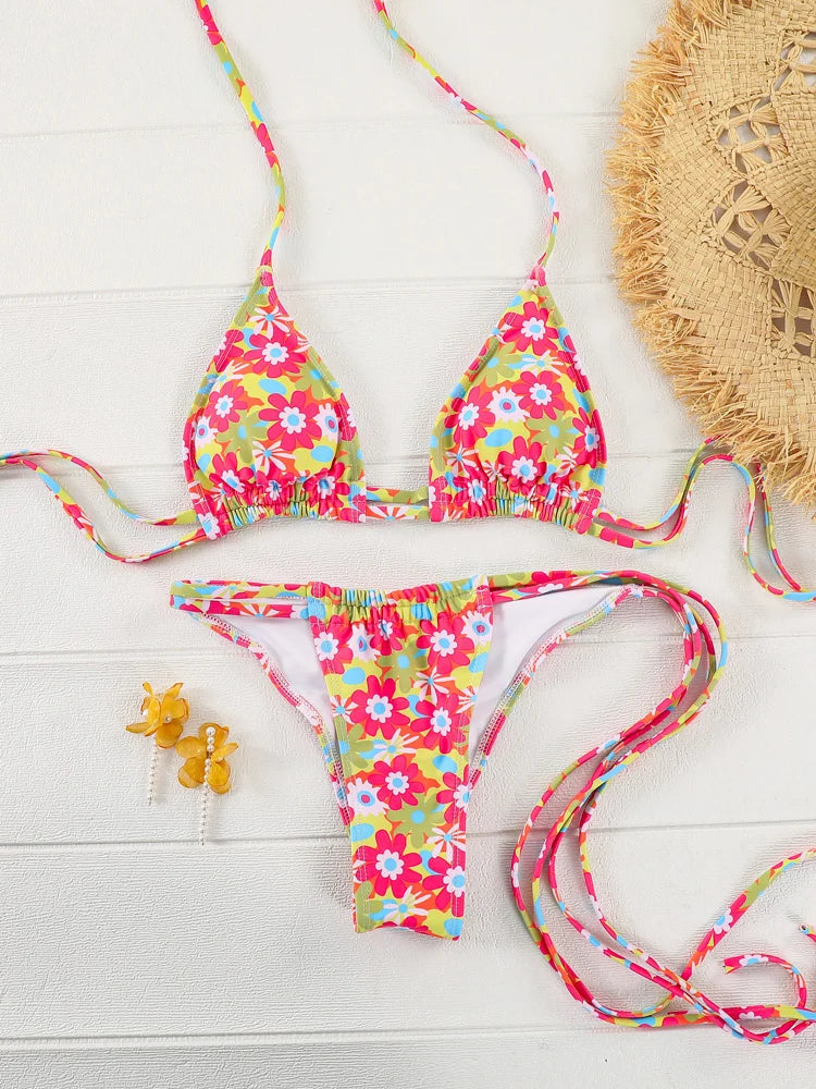 Triangle Bikini Sets Print Swimsuit Women 2023 Bikinis Bandage Swimwear Micro Thong Two Piece Suit Biquini Brazilian Swimsuits