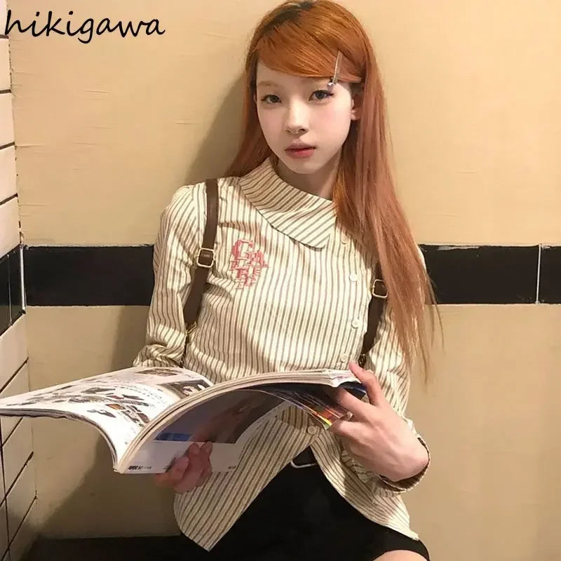 Blusas Mujer De Moda Striped Y2k Tops Tunic Shirts Blouse Women Clothing O-neck Slim Shirt Fashion Embroidery Vintage Tops