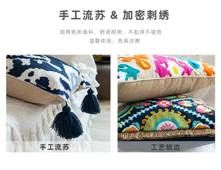 Nordic Ethnic Style Cushion Cover Cotton Moroccan Handmade Embroidery Cotton Tassel Throw Pillow Cover Living Room Home Decor
