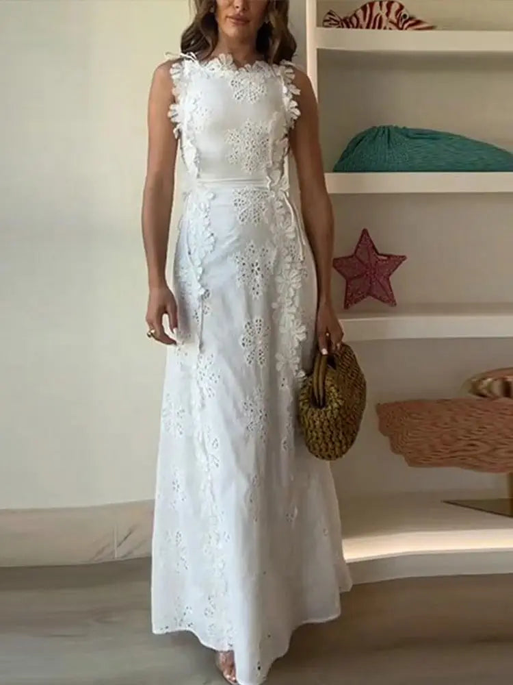 Embroidery Flower Patchwork Long Dress For Women Round Neck Sleeveless Lace Up High Waist Spliced Slim Dresses 2025 Summer New