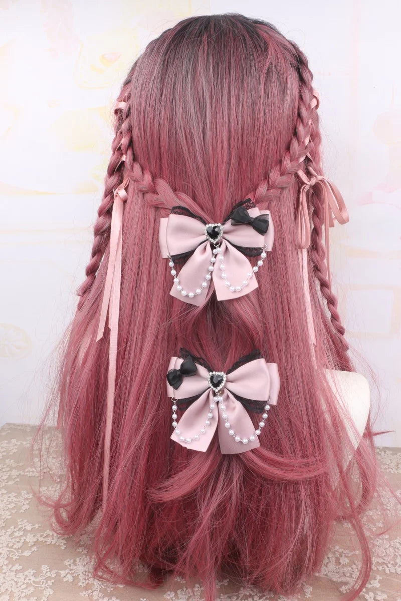 1 Pair Jirai Kei Bow Hair Accessories Women's Hairclips Sweet Y2K Lolita Bow Chic Chains Decor Women's Barrettes Hair Pin