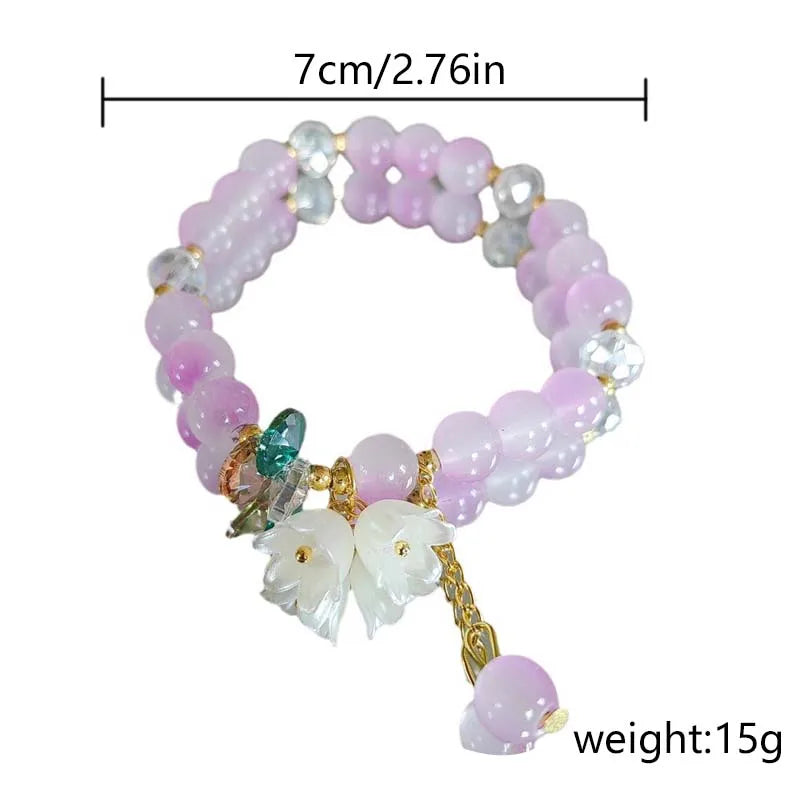 Cute Green Crystal Bead Bracelet for Women Trendy Lily Valley Flower Charm Elastic Adjustable Bracelet Wedding Birthday Jewelry