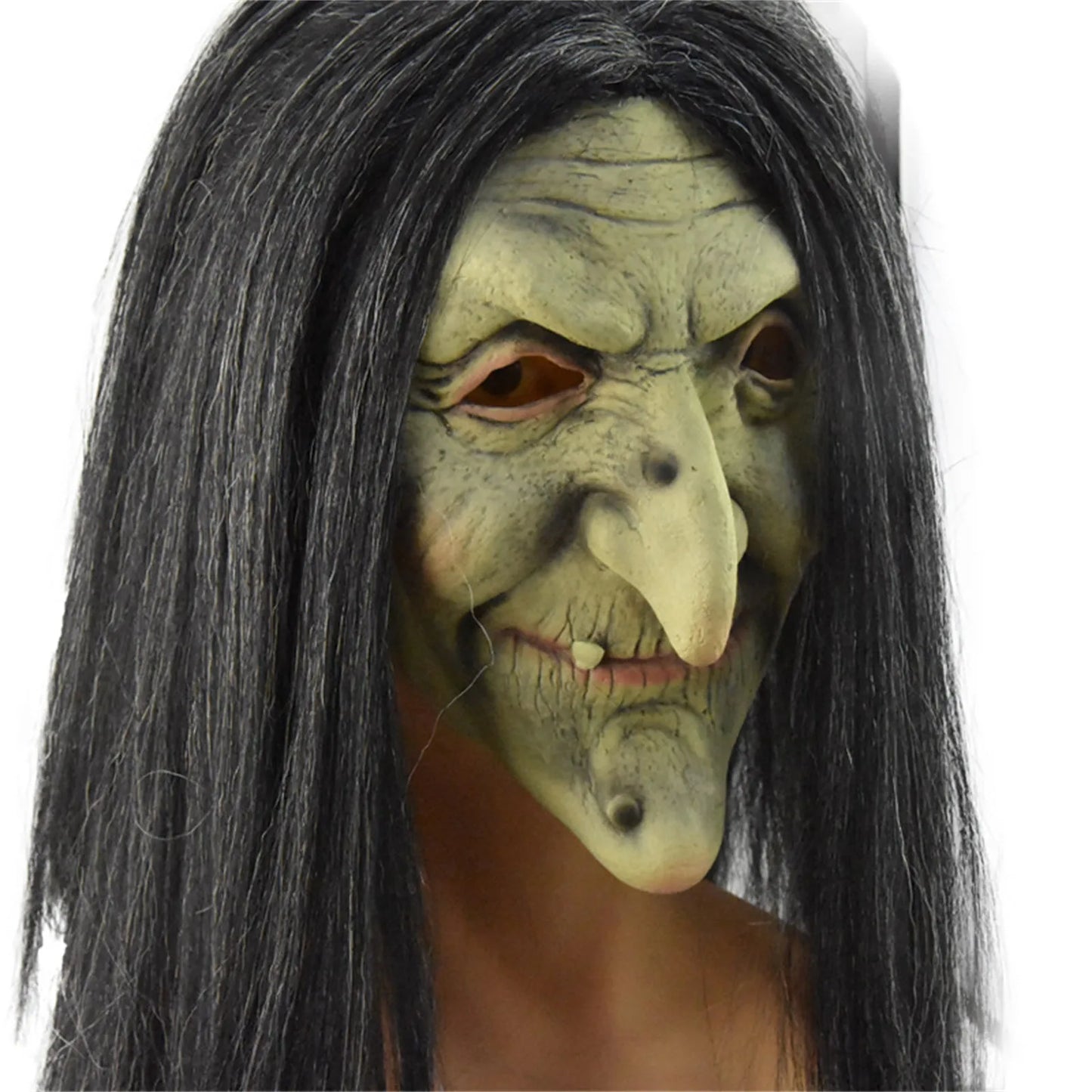 Halloween Old Woman Witch Mask With Horror Green Face Long Hair Party Costume Cosplay Masks Props Cosplay Headdress