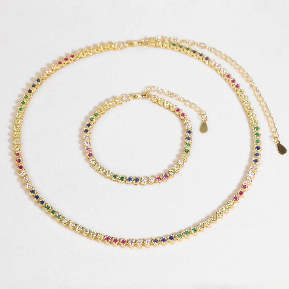 2024 New Rainbow CZ Heart Charm Necklace Gold Color Zircon Tennis Chain Asymmetric Hearts Choker Women Hip Hop Fashion Jewelry