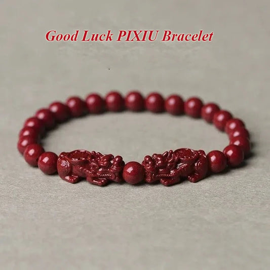 Lucky  Natural Stone Cinnabar Real Bead Pixiu Bracelets Women Men Wealth Protection Hand String Vintage Bangles Gift