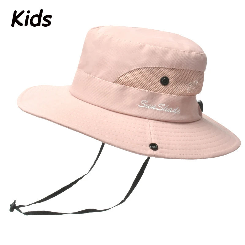 Women Summer Adjustable Bucket Hat with a Ponytail Hole Girls Sun Protection Hiking Cap Parent-child Outdoor Wide Brim Headgear