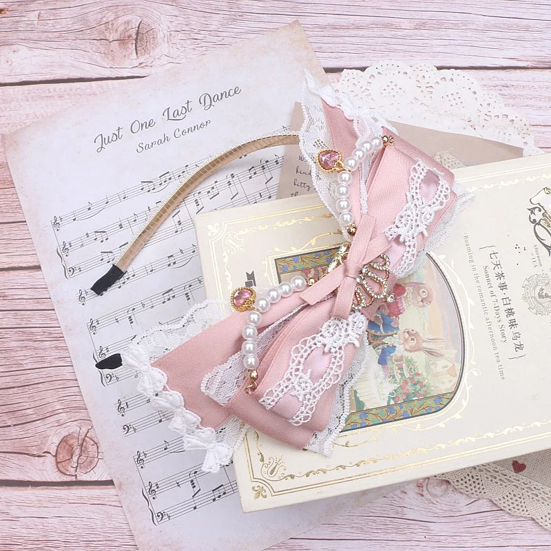 Japanese Luxury Lolita Hairband Headdress Handmade Big Bow Lace Crown Rhinestone Beaded Hair Accessories Hair Hoop for Women