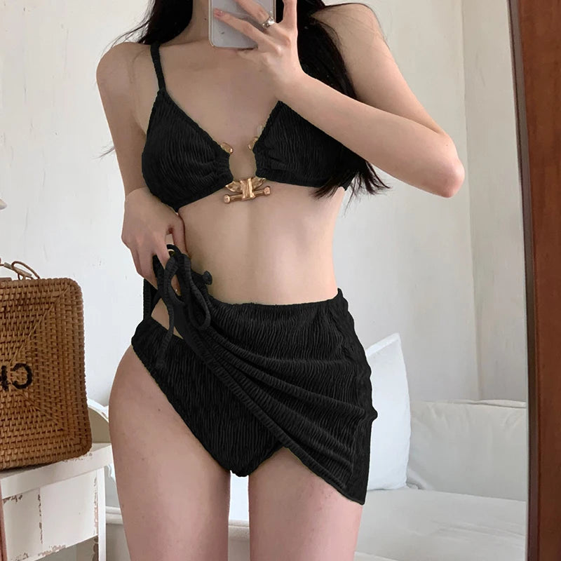 Sexy 3 Piece Bikini Swimsuit Women Sexy Hollow Out Split Bikinis Drawstring Mini Skirts Beach Vacation Bathing Suit Biquini Set