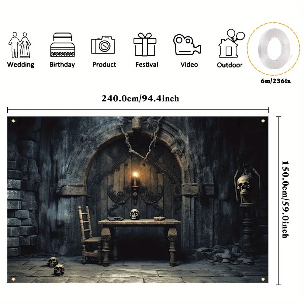 1 piece, Halloween polyester decorative banner, retro dungeon photography background cloth, Halloween happy horror thriller