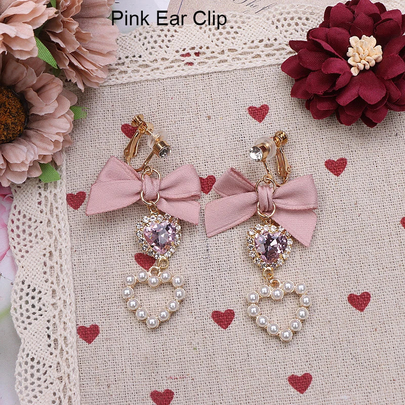 Lolita  Earrings Accessories for Women Lo Style Kawaii Bow Heart Earrings Clip/Needle Cute Women's Rhinestone Pearl