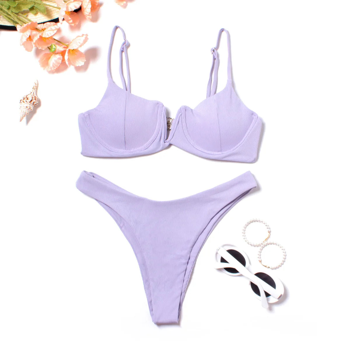 Sexy Underwired BikiniS 2024 Mujer Women Solid V-bra Push Up Two pieces Bikini Set High Cut Bathing Suit Padded Thong Swimsuit