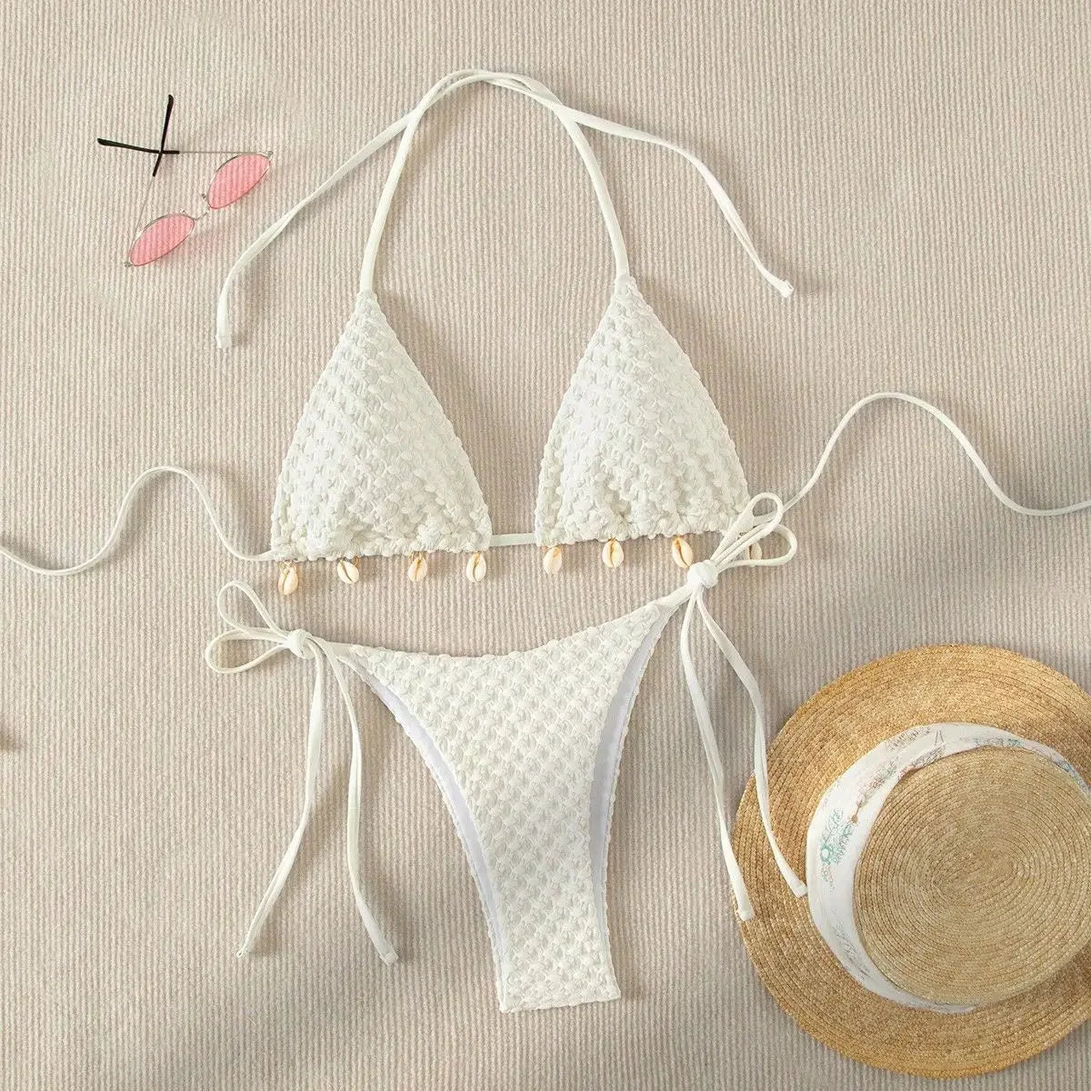 Sexy Bikini Set Shell Designer Swimsuit 2025 White Black Push Up Micro Bikinis Summer Bathing Suit Tie Side Triangle Swimwear
