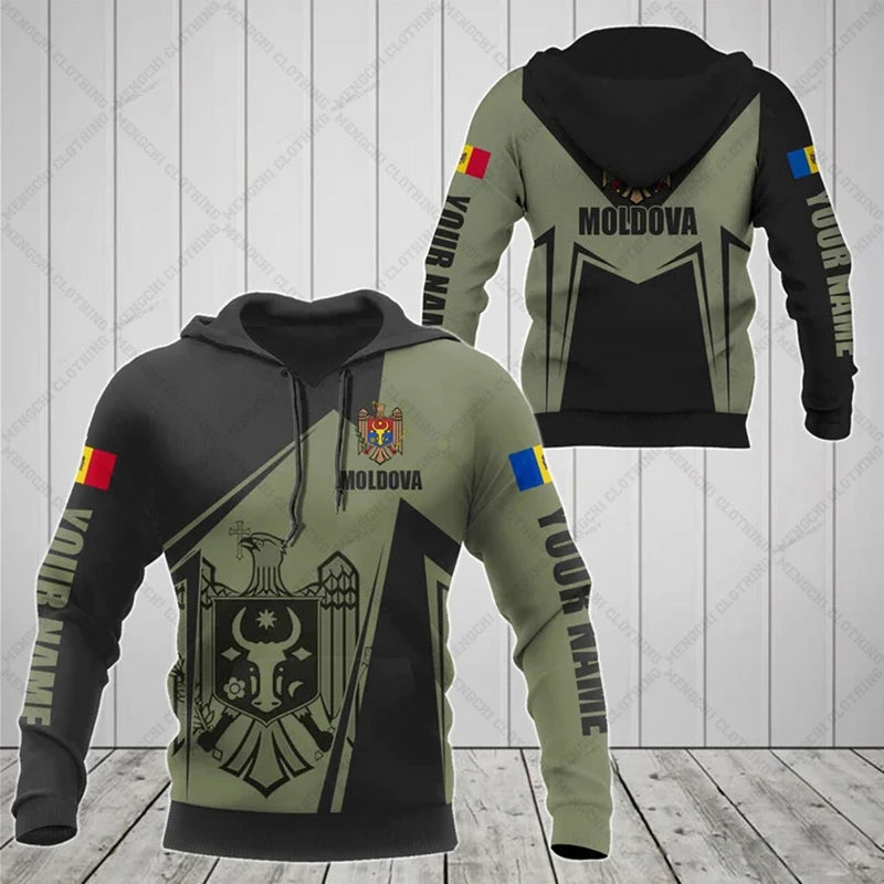 Custom Name Moldova Emblem Olive Hoodies Loose Unisex Pullover Sweatshirts Boy Casual Clothing Oversized Streetwear