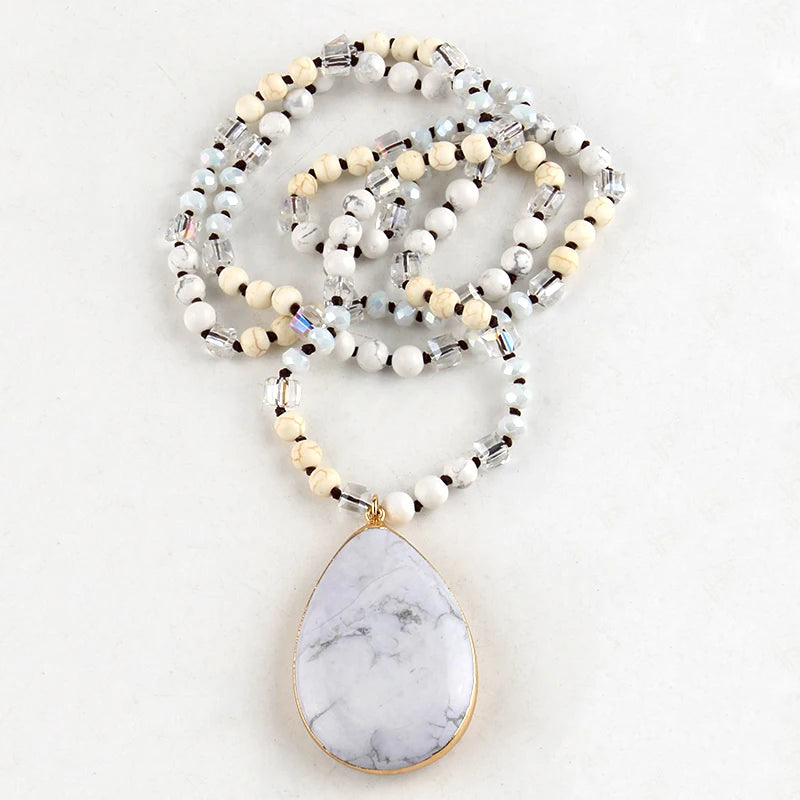 Fashion Bohemian Jewelry Accessory 6mm Stone/Glass Knotted Stone Drop Pendant Necklaces Women Beaded Necklace