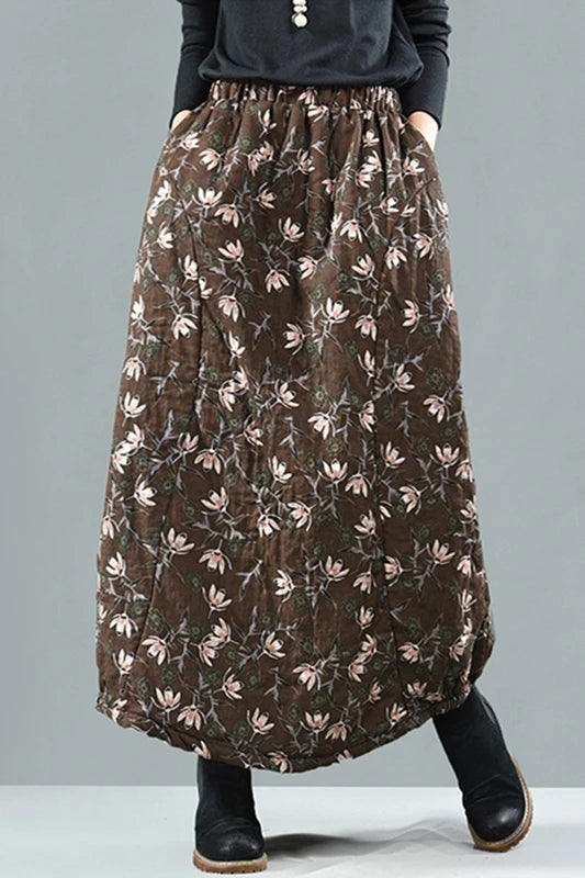 Careaymade New Autumn Winter Print Cotton Skirt Women Elastic Waist Thick Warm Long Skirts Female Loose Vintage Skirts
