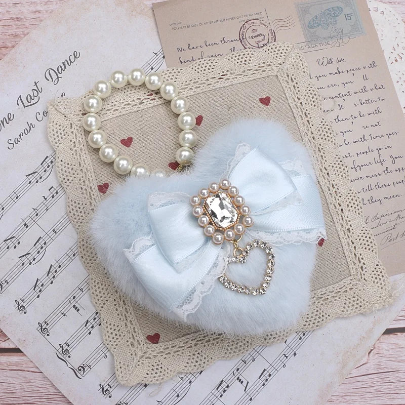 Romantic Bag Ornament Plush Heart Pearls  Keychain Bag Decor Keyring Sweet Ita Bag Pendant Handmade Bow Accessories Keychain